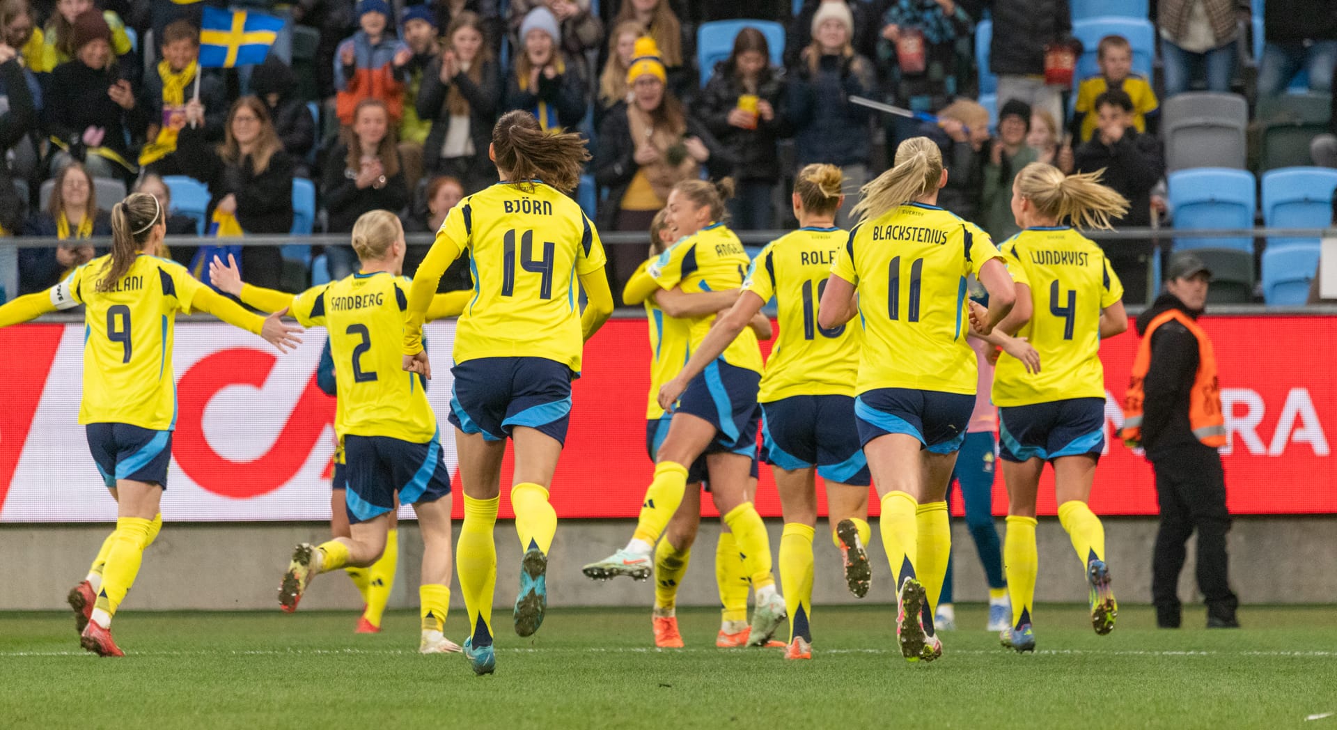 Sveriges landslag firar 1-0-målet mot Wales